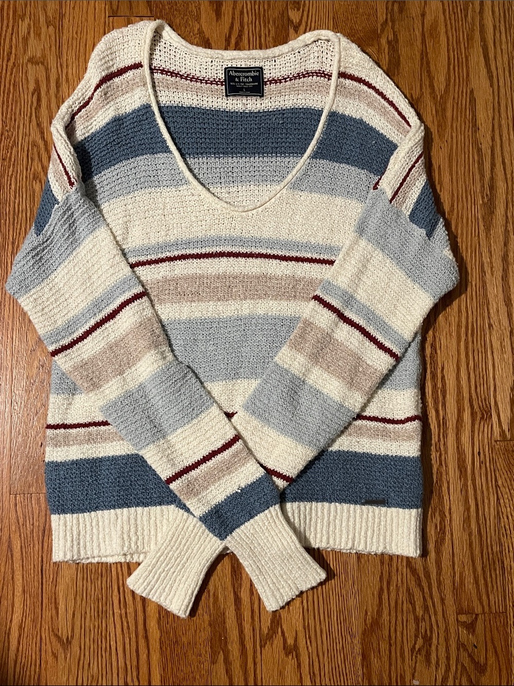Abercrombie & Fitch Cream, Blue, and Tan Striped V-Neck Sweater